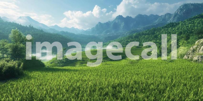 Stunning green terraced rice fields in a mountainous background, layers of lush greenery cascading down the slopes, surrounded by misty mountains and a tranquil sky.