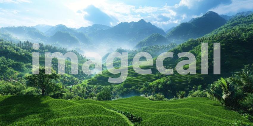 Stunning green terraced rice fields in a mountainous background, layers of lush greenery cascading down the slopes, surrounded by misty mountains and a tranquil sky.