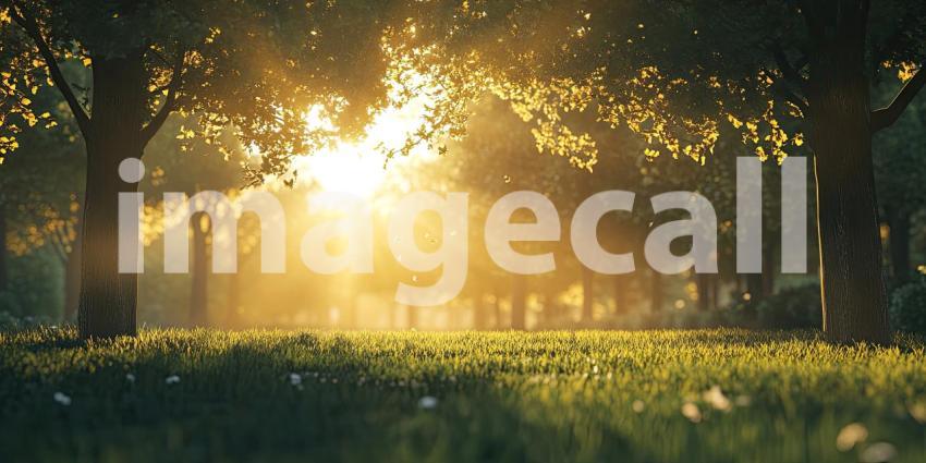 Sun shining through trees in a park background, warm rays of sunlight filtering through the branches, casting dappled shadows on the ground, creating a peaceful and inviting natural scene.