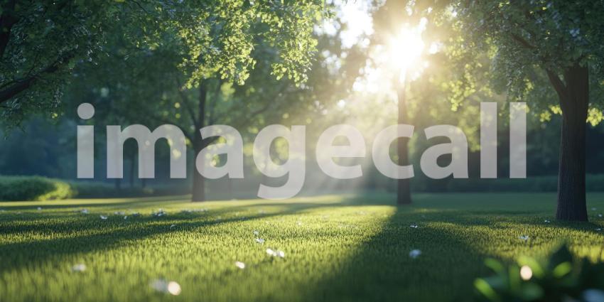 Sun shining through trees in a park background, warm rays of sunlight filtering through the branches, casting dappled shadows on the ground, creating a peaceful and inviting natural scene.