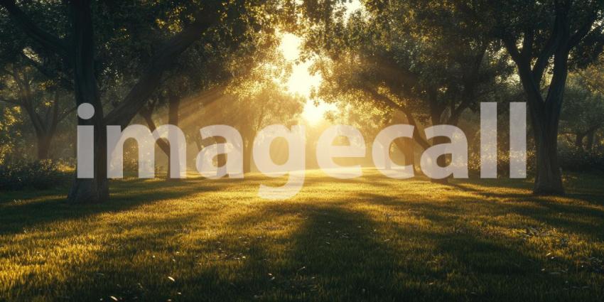 Sun shining through trees in a park background, warm rays of sunlight filtering through the branches, casting dappled shadows on the ground, creating a peaceful and inviting natural scene.