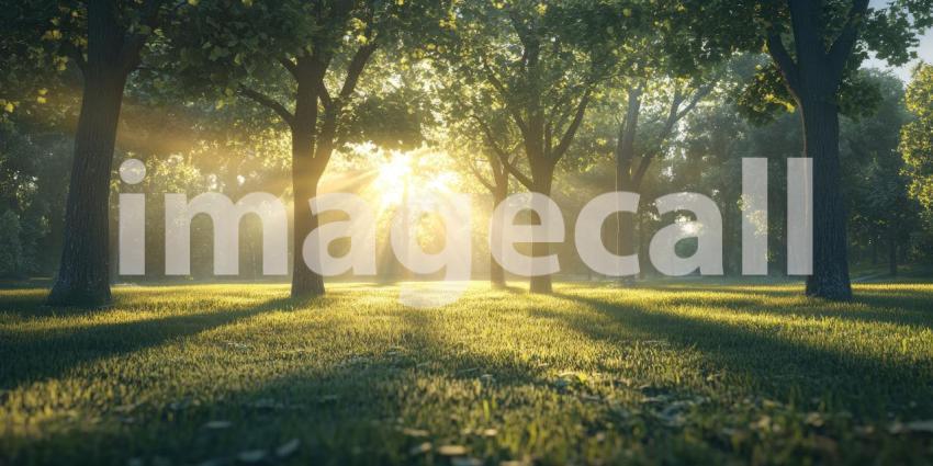 Sun shining through trees in a park background, warm rays of sunlight filtering through the branches, casting dappled shadows on the ground, creating a peaceful and inviting natural scene.