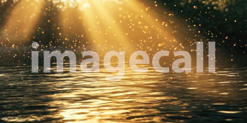 Sunlight beams through the water background, soft rays of light filtering through crystal-clear water, creating a serene and tranquil atmosphere with ripples dancing across the surface.