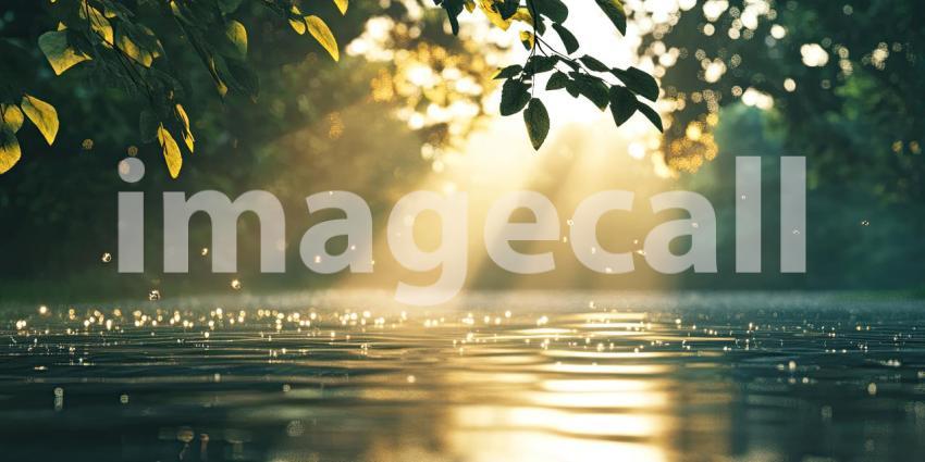 Sunlight beams through the water background, soft rays of light filtering through crystal-clear water, creating a serene and tranquil atmosphere with ripples dancing across the surface.