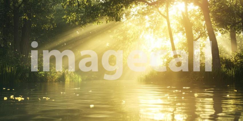 Sunlight beams through the water background, soft rays of light filtering through crystal-clear water, creating a serene and tranquil atmosphere with ripples dancing across the surface.