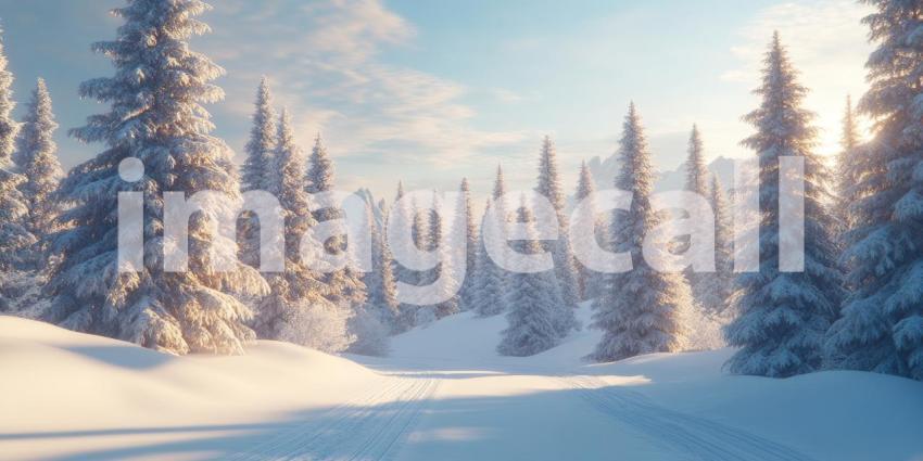 Tall pine trees covered in fresh snow background, the branches dusted with a blanket of white snow, creating a serene winter scene with a peaceful, snow-covered forest stretching into the distance.