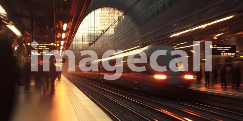 Train Speeds Through Station with Blurred People Background, Dynamic Motion of Train Passing by Busy Station with Softly Blurred Figures of Passengers