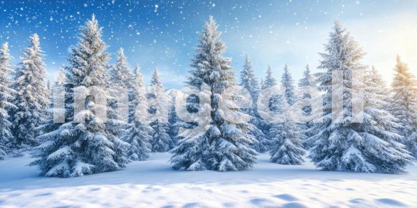Tall pine trees covered in fresh snow background, the branches dusted with a blanket of white snow, creating a serene winter scene with a peaceful, snow-covered forest stretching into the distance.