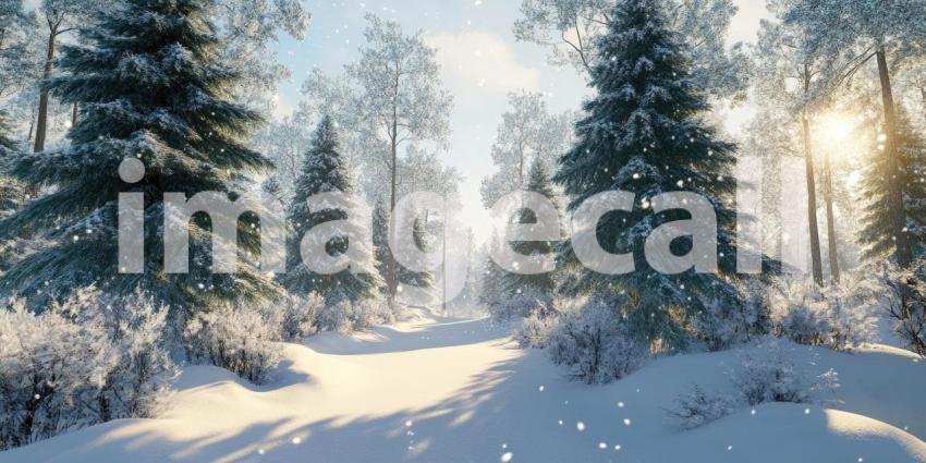 Tall pine trees covered in fresh snow background, the branches dusted with a blanket of white snow, creating a serene winter scene with a peaceful, snow-covered forest stretching into the distance.