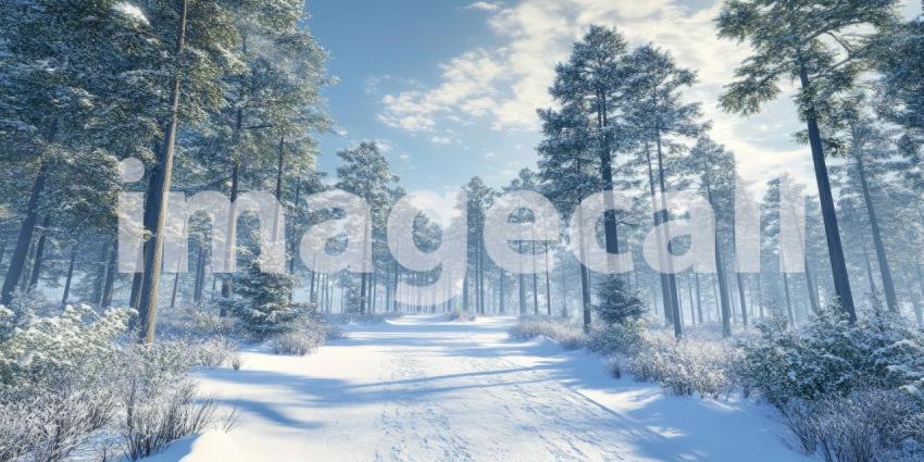 Tall pine trees covered in fresh snow background, the branches dusted with a blanket of white snow, creating a serene winter scene with a peaceful, snow-covered forest stretching into the distance.
