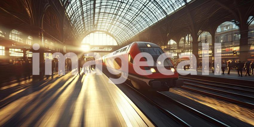 Train Speeds Through Station with Blurred People Background, Dynamic Motion of Train Passing by Busy Station with Softly Blurred Figures of Passengers