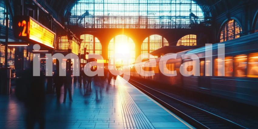 Train Speeds Through Station with Blurred People Background, Dynamic Motion of Train Passing by Busy Station with Softly Blurred Figures of Passengers