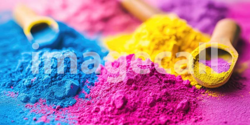 Vibrant blue, pink, and yellow pigment Holi powders background, a burst of bright colors scattered across a surface, creating a joyful and festive atmosphere, with the rich hues blending together in a playful display.