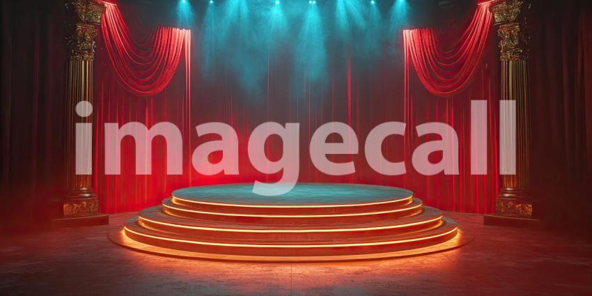 Vibrant Empty Stage Podium Background, Colorful and Elegant Stage Setup with Podium Ready for Presentation