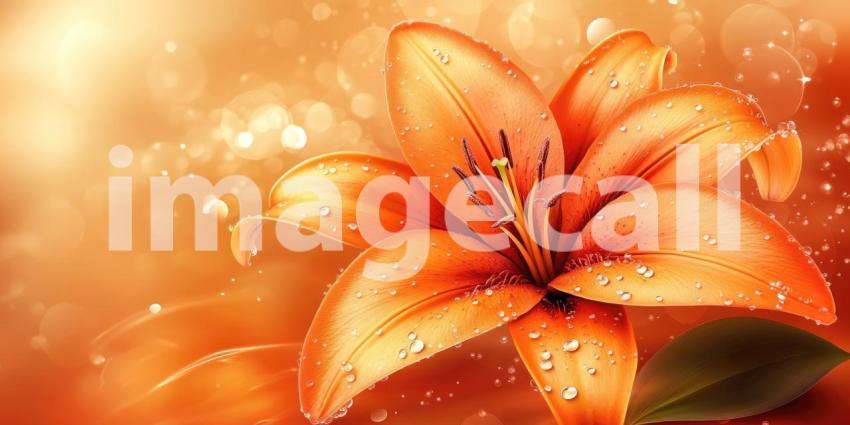 Vibrant orange lily with dew drops background, a strikingly beautiful flower with petals adorned by glistening droplets, set against a soft, natural backdrop, highlighting its elegance and freshness.