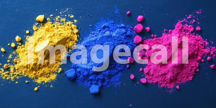 Vibrant blue, pink, and yellow pigment Holi powders background, a burst of bright colors scattered across a surface, creating a joyful and festive atmosphere, with the rich hues blending together in a playful display.
