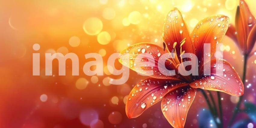 Vibrant orange lily with dew drops background, a strikingly beautiful flower with petals adorned by glistening droplets, set against a soft, natural backdrop, highlighting its elegance and freshness.