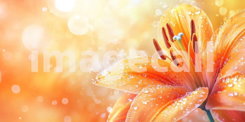 Vibrant orange lily with dew drops background, a strikingly beautiful flower with petals adorned by glistening droplets, set against a soft, natural backdrop, highlighting its elegance and freshness.