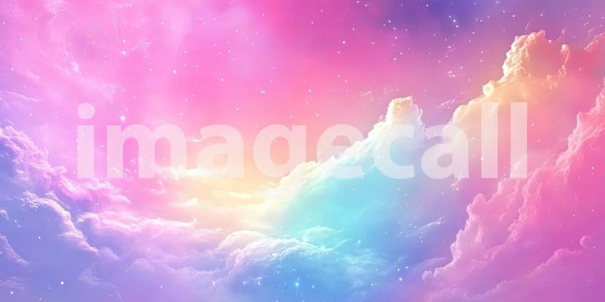 Vibrant pastel galaxy background, a dreamy blend of soft pinks, purples, blues, and yellows swirling together to create a cosmic scene, with stars and nebulae scattered across the pastel-colored expanse, evoking a serene and otherworldly atmosphere.