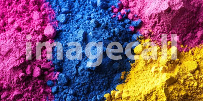 Vibrant blue, pink, and yellow pigment Holi powders background, a burst of bright colors scattered across a surface, creating a joyful and festive atmosphere, with the rich hues blending together in a playful display.