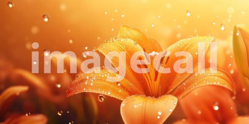 Vibrant orange lily with dew drops background, a strikingly beautiful flower with petals adorned by glistening droplets, set against a soft, natural backdrop, highlighting its elegance and freshness.