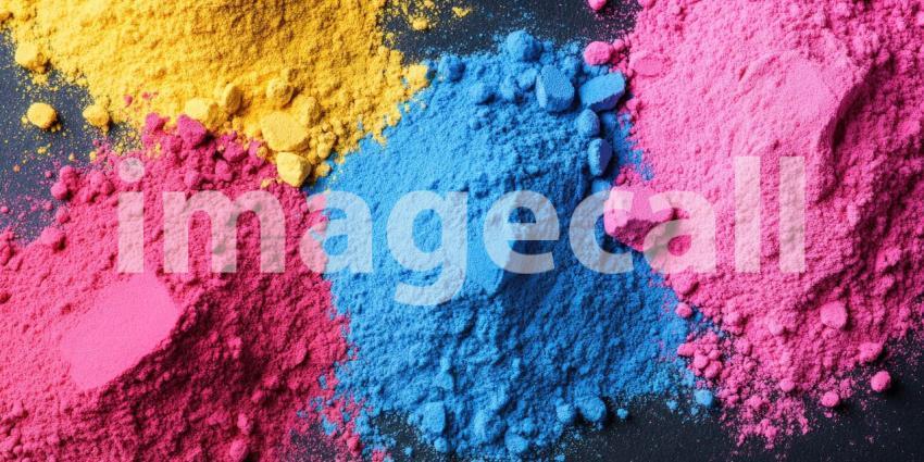 Vibrant blue, pink, and yellow pigment Holi powders background, a burst of bright colors scattered across a surface, creating a joyful and festive atmosphere, with the rich hues blending together in a playful display.
