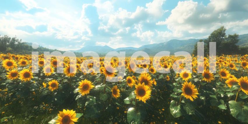 Vibrant sunflower field background, a sea of bright yellow sunflowers stretching across the landscape, their faces turned toward the sun under a clear blue sky, creating a warm and cheerful atmosphere.