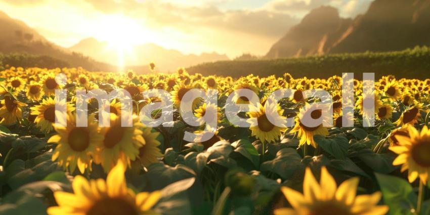 Vibrant sunflower field background, a sea of bright yellow sunflowers stretching across the landscape, their faces turned toward the sun under a clear blue sky, creating a warm and cheerful atmosphere.
