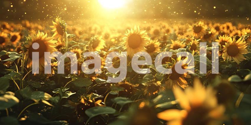 Vibrant sunflower field background, a sea of bright yellow sunflowers stretching across the landscape, their faces turned toward the sun under a clear blue sky, creating a warm and cheerful atmosphere.
