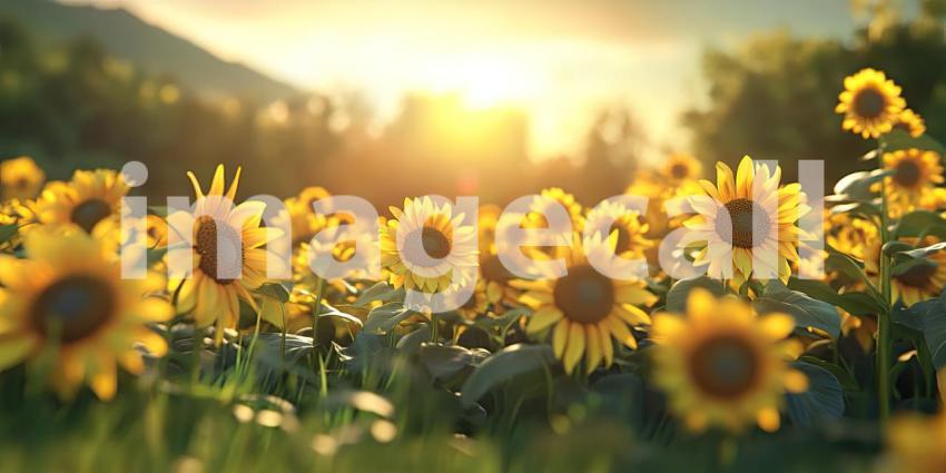 Vibrant sunflower field background, a sea of bright yellow sunflowers stretching across the landscape, their faces turned toward the sun under a clear blue sky, creating a warm and cheerful atmosphere.