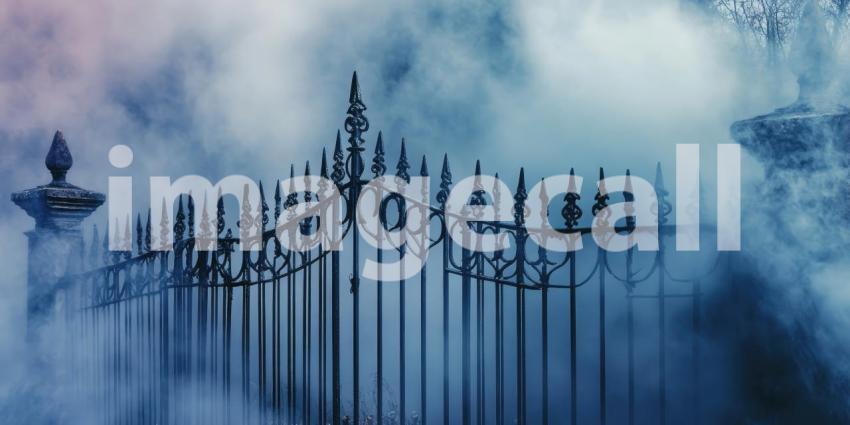 Vintage ornate iron fence with scary Halloween horror misty fog smoke background, an eerie, detailed iron fence silhouetted against a thick fog, with mist swirling around the fence, creating a spooky, chilling atmosphere perfect for a Halloween scene.