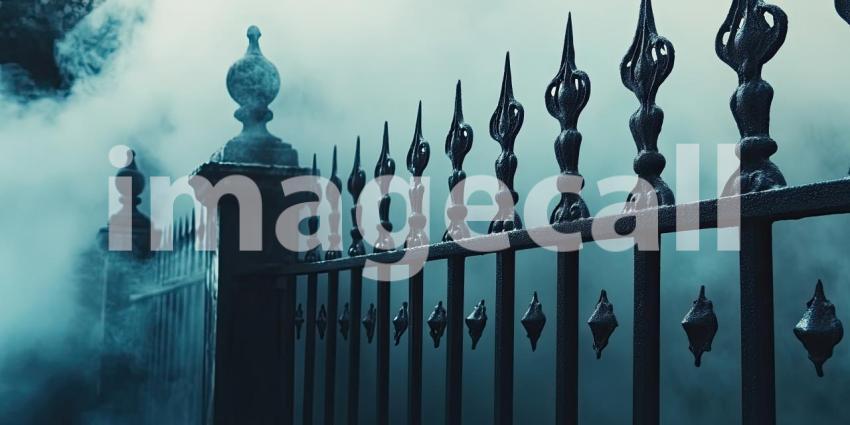 Vintage ornate iron fence with scary Halloween horror misty fog smoke background, an eerie, detailed iron fence silhouetted against a thick fog, with mist swirling around the fence, creating a spooky, chilling atmosphere perfect for a Halloween scene.