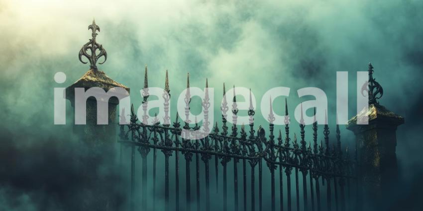 Vintage ornate iron fence with scary Halloween horror misty fog smoke background, an eerie, detailed iron fence silhouetted against a thick fog, with mist swirling around the fence, creating a spooky, chilling atmosphere perfect for a Halloween scene.