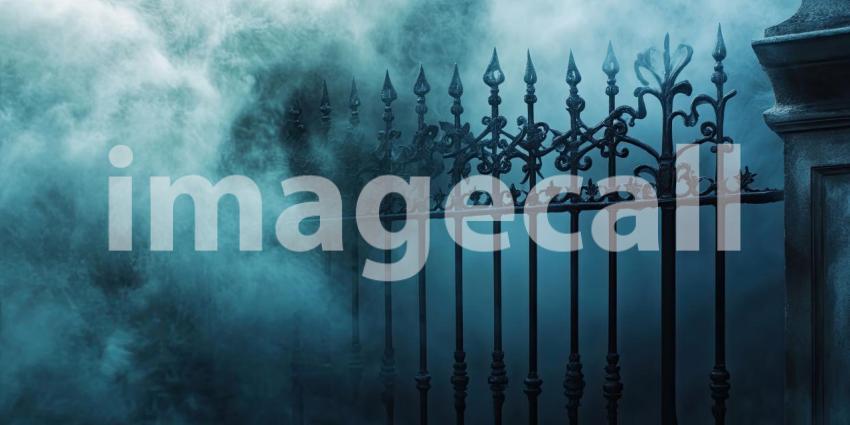 Vintage ornate iron fence with scary Halloween horror misty fog smoke background, an eerie, detailed iron fence silhouetted against a thick fog, with mist swirling around the fence, creating a spooky, chilling atmosphere perfect for a Halloween scene.
