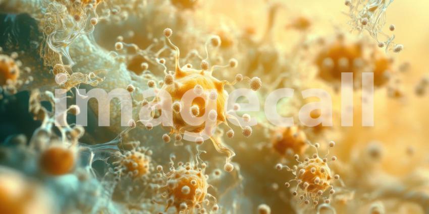 Virus microscopic organism background, a close-up view of a viral particle, with intricate details of its structure, surrounded by a dark, textured background to emphasize its microscopic size and complexity.