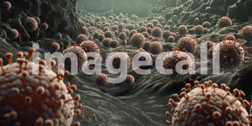 Virus microscopic organism background, a close-up view of a viral particle, with intricate details of its structure, surrounded by a dark, textured background to emphasize its microscopic size and complexity.