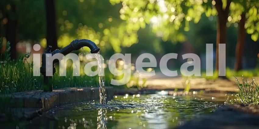 Water Tap Running in Park Background, Flowing Water from Tap Surrounded by Lush Greenery and Nature