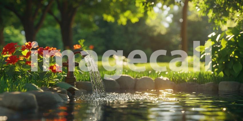 Water Tap Running in Park Background, Flowing Water from Tap Surrounded by Lush Greenery and Nature