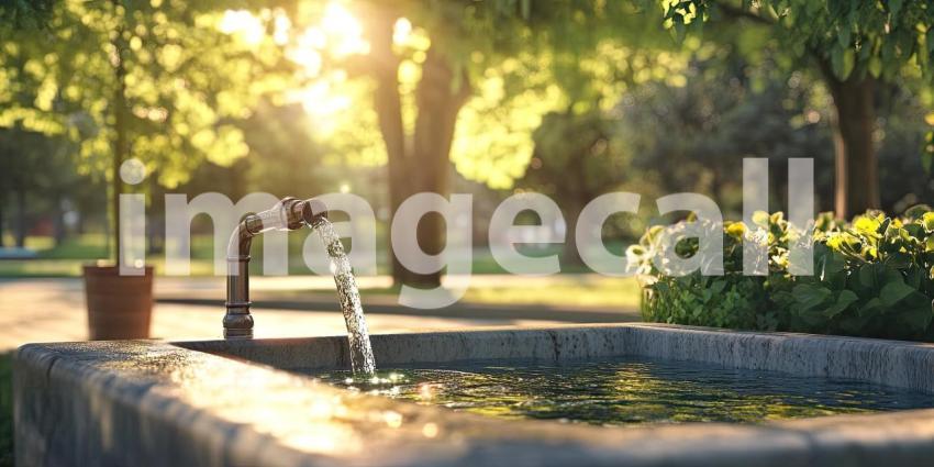Water Tap Running in Park Background, Flowing Water from Tap Surrounded by Lush Greenery and Nature