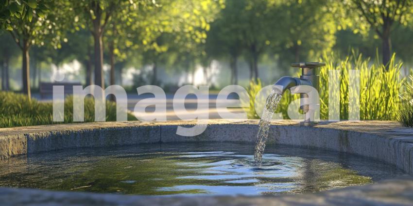 Water Tap Running in Park Background, Flowing Water from Tap Surrounded by Lush Greenery and Nature