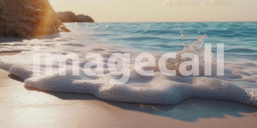 White waves lapping on a sandy beach background, gentle surf rolling onto the soft golden sand, creating a serene and tranquil coastal scene under a clear sky.