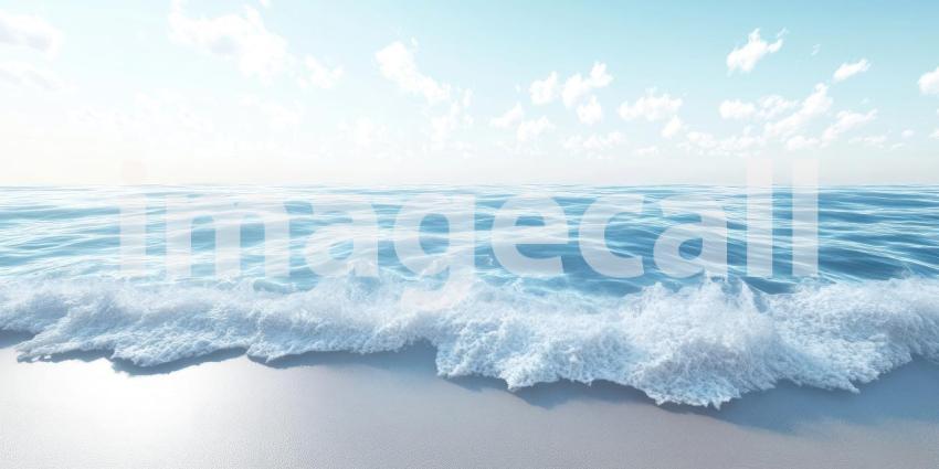 White waves lapping on a sandy beach background, gentle surf rolling onto the soft golden sand, creating a serene and tranquil coastal scene under a clear sky.