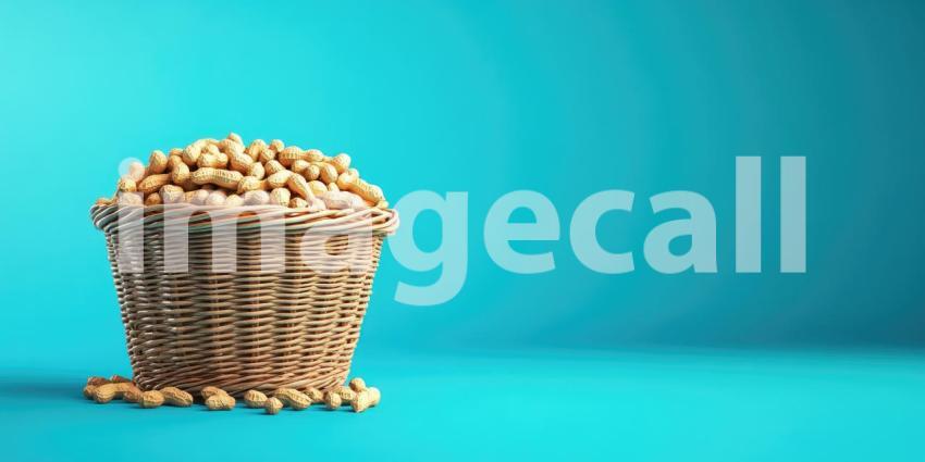Wicker basket overflowing with peanuts with copyspace background, a rustic basket filled with plump, shelled peanuts, set against a simple backdrop that leaves ample room for text or branding.