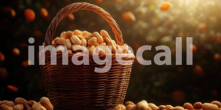 Wicker basket overflowing with peanuts with copyspace background, a rustic basket filled with plump, shelled peanuts, set against a simple backdrop that leaves ample room for text or branding.