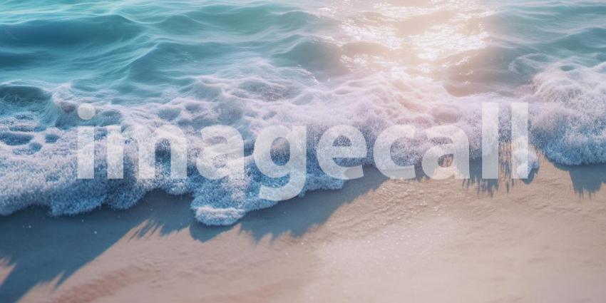 White waves lapping on a sandy beach background, gentle surf rolling onto the soft golden sand, creating a serene and tranquil coastal scene under a clear sky.