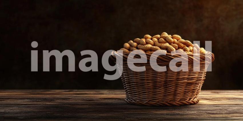 Wicker basket overflowing with peanuts with copyspace background, a rustic basket filled with plump, shelled peanuts, set against a simple backdrop that leaves ample room for text or branding.