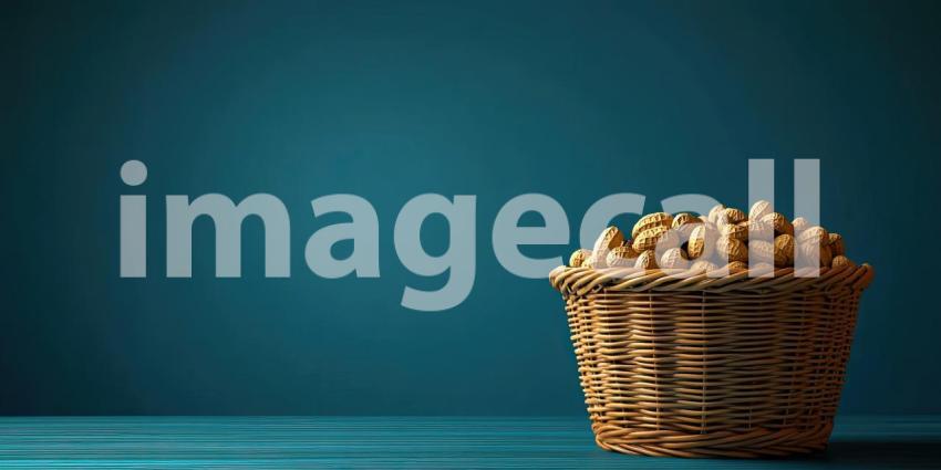 Wicker basket overflowing with peanuts with copyspace background, a rustic basket filled with plump, shelled peanuts, set against a simple backdrop that leaves ample room for text or branding.