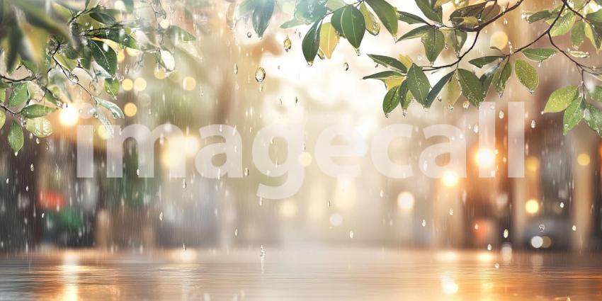 Winter rainy monsoon season with green trees, raindrops on branches, and a blurred street background, a peaceful scene with rain gently falling on lush green foliage, with blurred city streets in the distance, evoking a calm, rainy atmosphere.