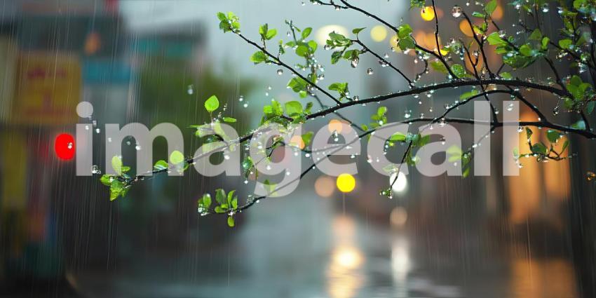 Winter rainy monsoon season with green trees, raindrops on branches, and a blurred street background, a peaceful scene with rain gently falling on lush green foliage, with blurred city streets in the distance, evoking a calm, rainy atmosphere.