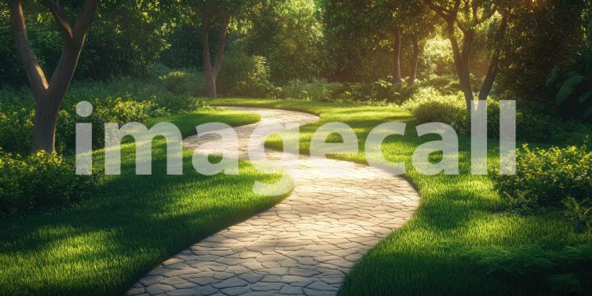 Winding pathway in a park bordered by lush green grass garden background, a gentle trail meandering through vibrant greenery, with well-kept grass and trees lining the way, creating a peaceful and inviting atmosphere for a leisurely walk.